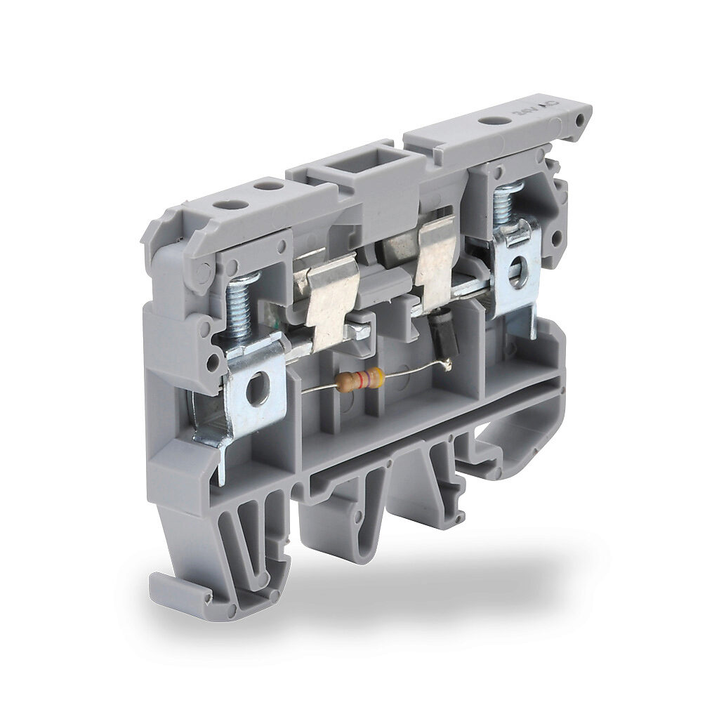 KN-F10L24AC - Konnect-It screw circuit protection terminal block, blown fuse indicator, accepts wire size 26-8 AWG, gray, 6.3A, 24 VAC LED indicator(s), 35mm DIN rail mount, 10kA SCCR. Package of 25. For use with GMA, GMC, S500 and S506 series fuses.