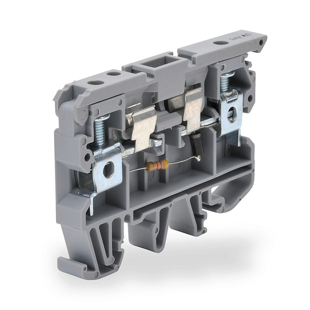 KN-F10L24AC-10 - Konnect-It screw circuit protection terminal block, blown fuse indicator, accepts wire size 26-8 AWG, gray, 6.3A, 24 VAC LED indicator(s), 35mm DIN rail mount, 10kA SCCR. Package of 10. For use with GMA, GMC, S500 and S506 series ...