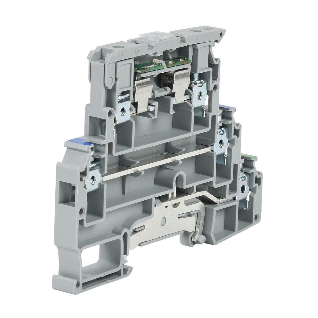 KN-F10L48-NG - Konnect-It screw multi-function terminal block, triple-level, fuse holder, 1 feedthrough and 1 ground, accepts wire size 24-10 AWG, gray, fused 6.3A, non-fused 30A, fused 48 VAC/VDC, non-fused 300 VAC/VDC, LED indicator(s), 35mm DIN...