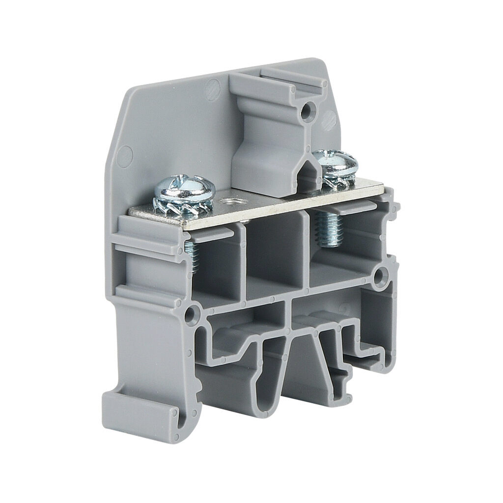 KN-FRK10DBL - Konnect-It fork feedthrough terminal block, single-level, 2 inputs to 2 outputs, M4 screw, accepts wire size 20-10 AWG, gray, 41A, 300 VAC/VDC, 35mm DIN rail mount. Package of 25.