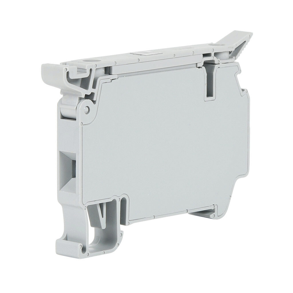 KN-FSK5L110GRY - Konnect-It screw circuit protection terminal block, single-level, fuse holder, accepts wire size 26-10 AWG, gray, 10A, 110 VAC/VDC, LED indicator(s), 35mm DIN rail mount. Package of 50.