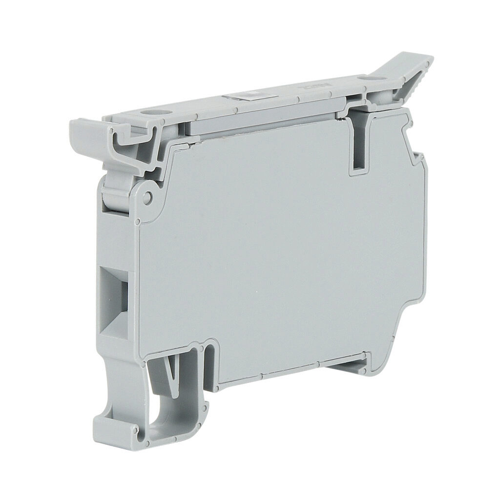 KN-FSK5L220GRY-25 - Konnect-It screw circuit protection terminal block, single-level, fuse holder, accepts wire size 26-10 AWG, gray, 10A, 220 VAC/VDC, LED indicator(s), 35mm DIN rail mount. Package of 25.