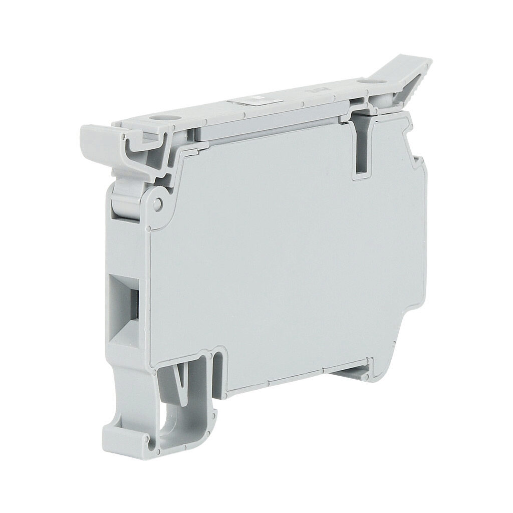 KN-FSK5L24GRY-25 - Konnect-It screw circuit protection terminal block, single-level, fuse holder, accepts wire size 26-10 AWG, gray, 10A, 24 VAC/VDC, LED indicator(s), 35mm DIN rail mount. Package of 25.