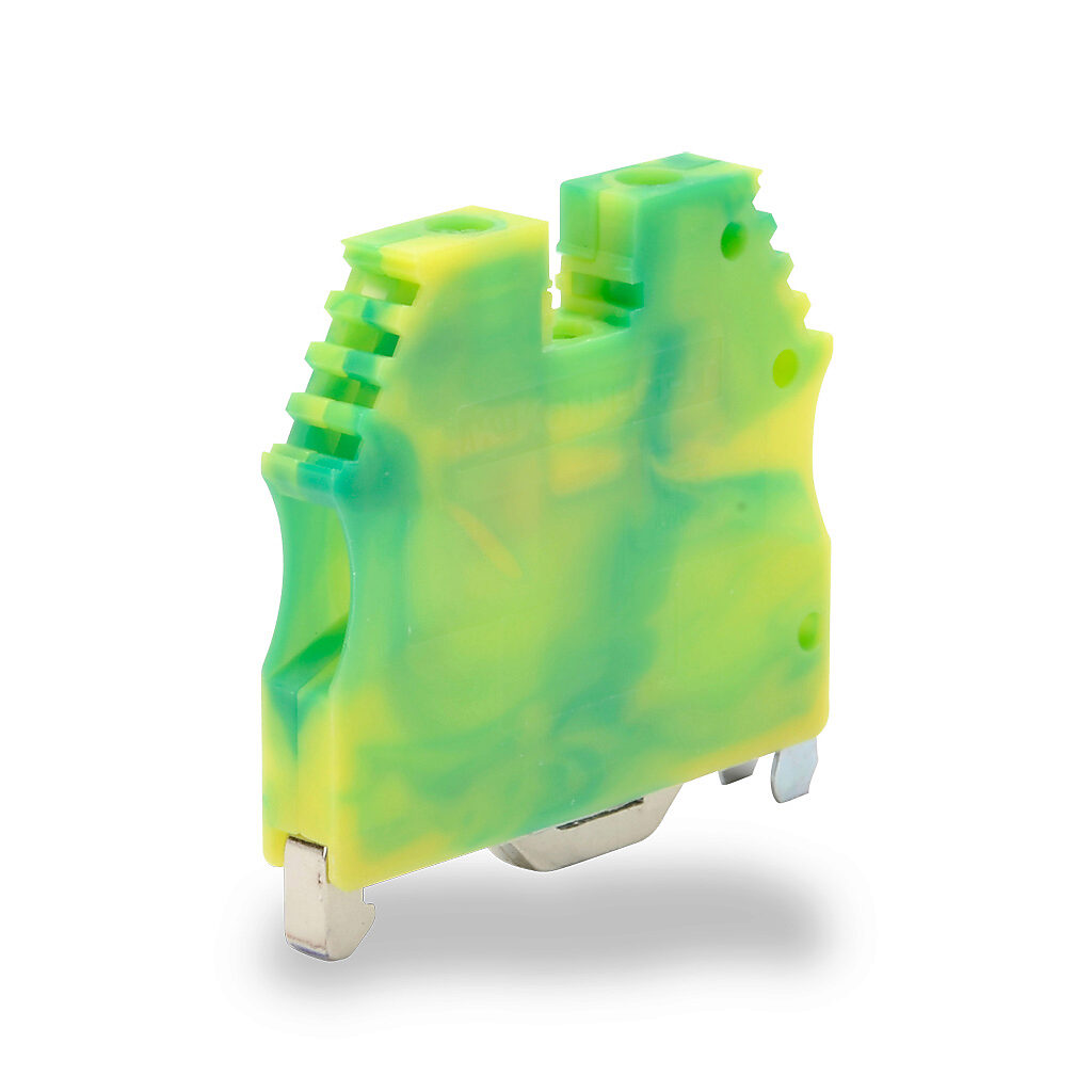 KN-G10 - Konnect-It screw grounding terminal block, single-level, accepts wire size 26-10 AWG, yellow/green, 35mm DIN rail mount. Package of 50.