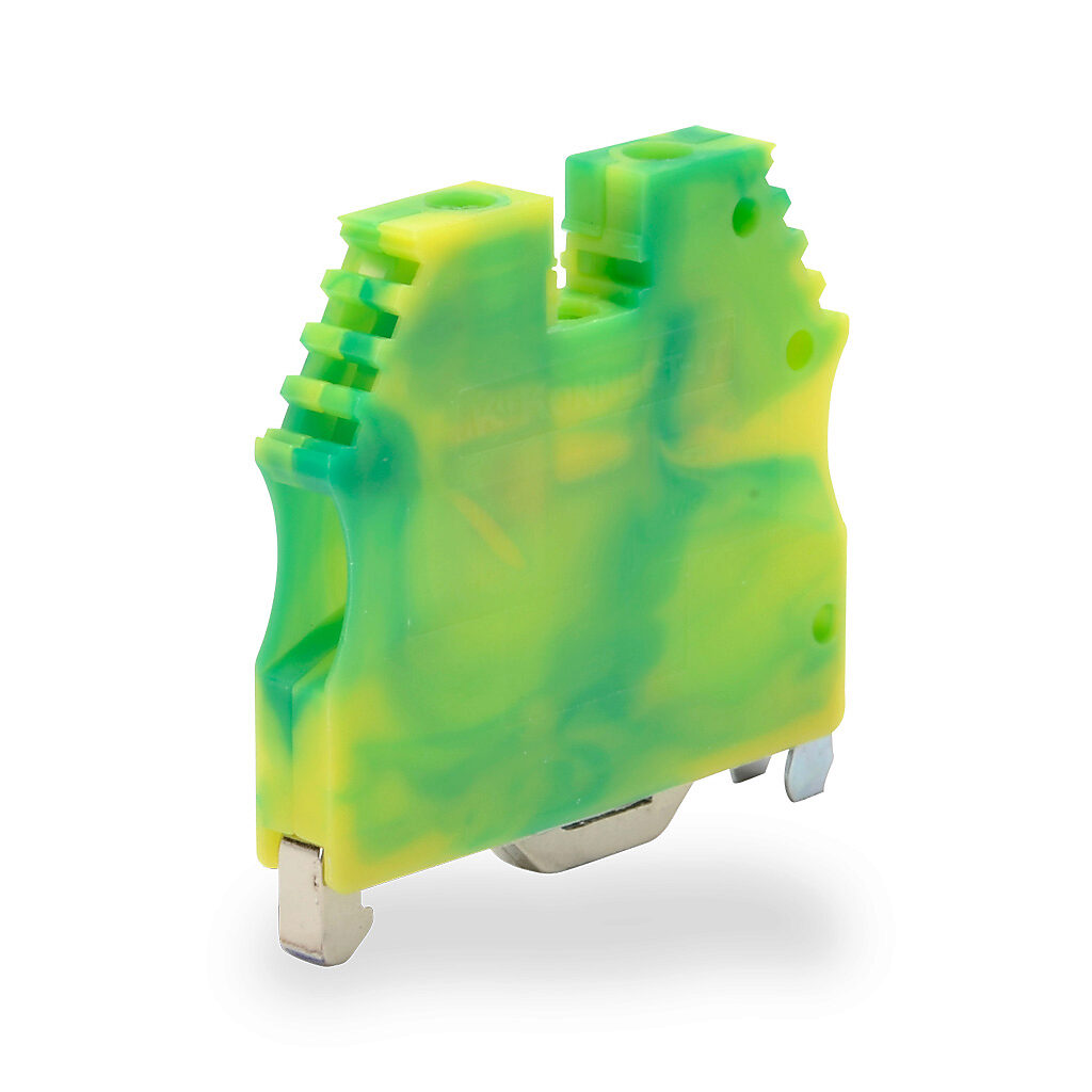 KN-G10-10 - Konnect-It screw grounding terminal block, single-level, accepts wire size 26-10 AWG, yellow/green, 35mm DIN rail mount. Package of 10.