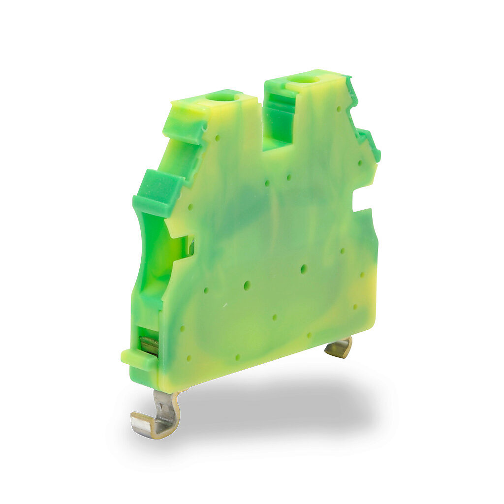 KN-G10SP - Konnect-It screw grounding terminal block, single-level, accepts wire size 26-10 AWG, yellow/green, 35mm DIN rail mount. Package of 50.