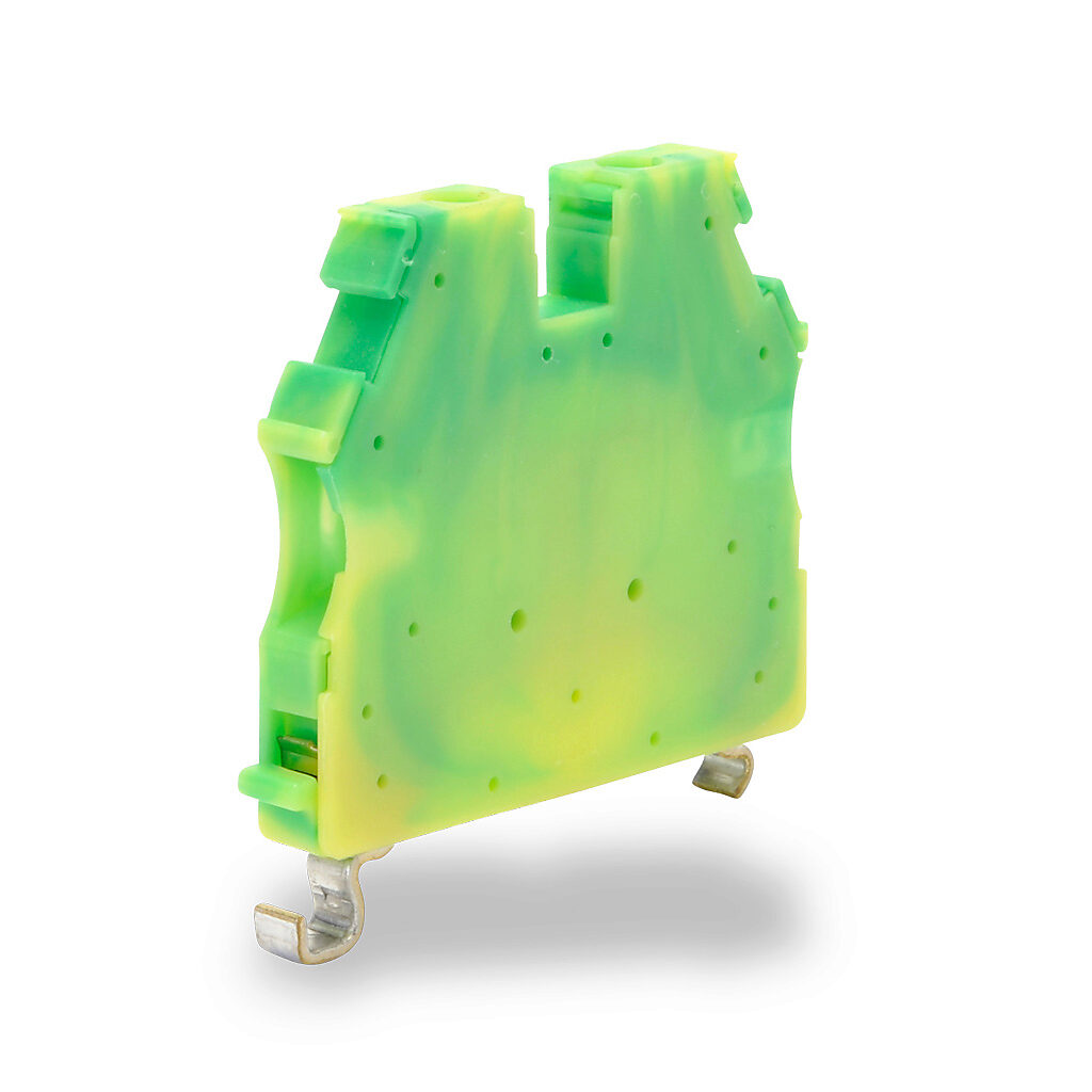 KN-G12SP - Konnect-It screw grounding terminal block, single-level, accepts wire size 26-12 AWG, yellow/green, 35mm DIN rail mount. Package of 50.