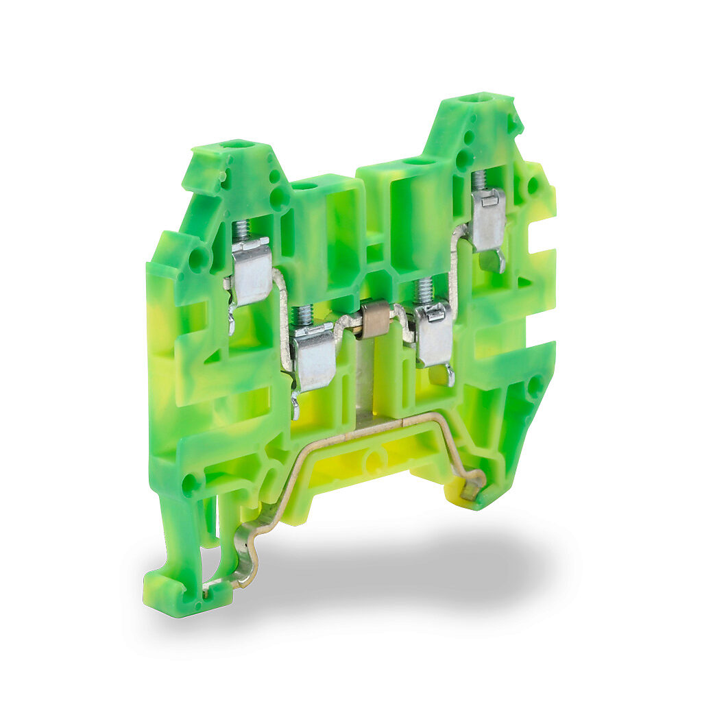 KN-G12SP4 - Konnect-It screw grounding terminal block, single-level, 2 input to 2 outputs, accepts wire size 26-12 AWG, yellow/green, 35mm DIN rail mount. Package of 25.