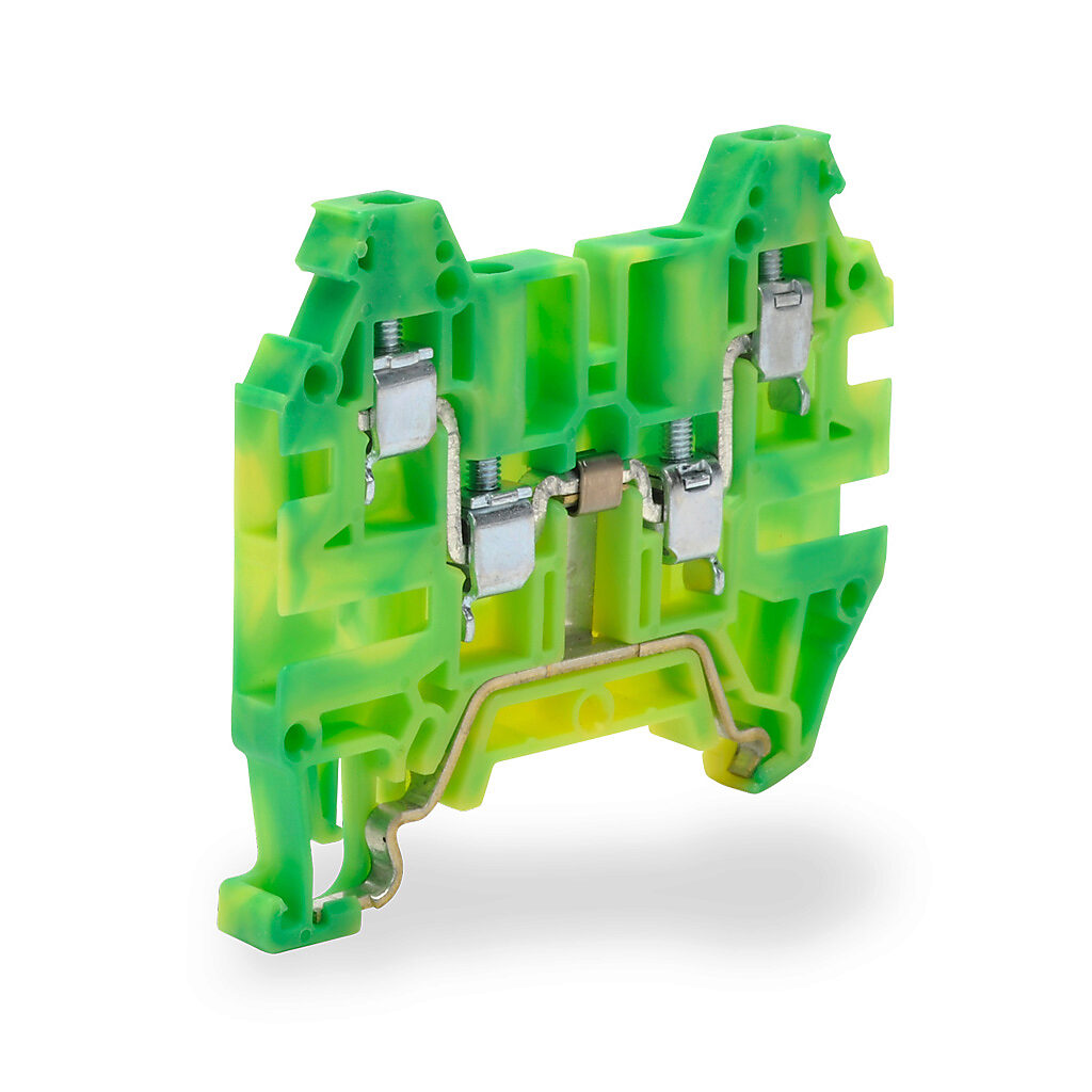 KN-G12SP4-10 - Konnect-It screw grounding terminal block, single-level, 2 input to 2 outputs, accepts wire size 26-12 AWG, yellow/green, 35mm DIN rail mount. Package of 10.