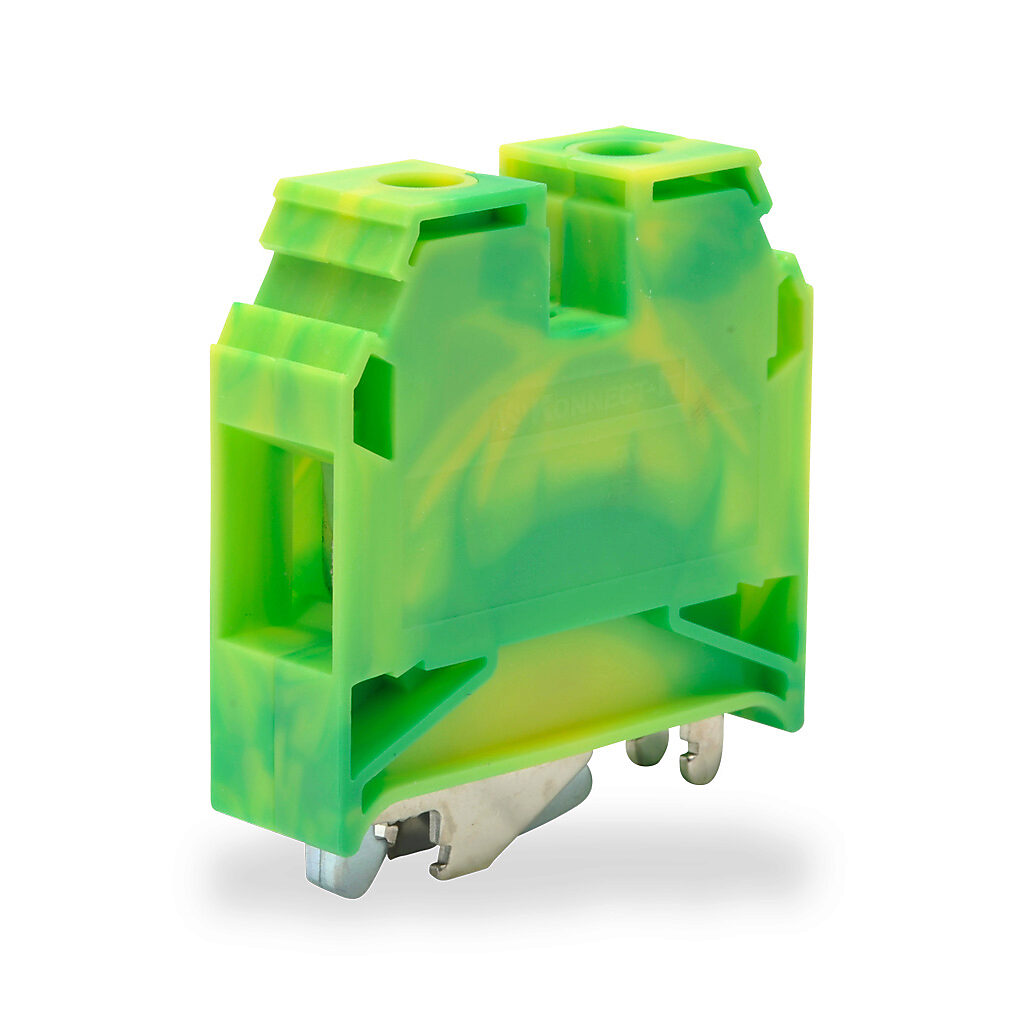 KN-G2-10 - Konnect-It screw grounding terminal block, single-level, accepts wire size 12-2 AWG, yellow/green, 35mm DIN rail mount. Package of 10.