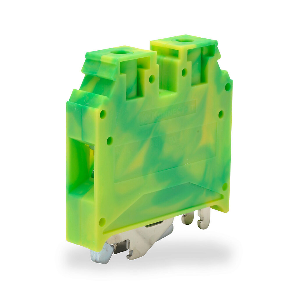 KN-G4-10 - Konnect-It screw grounding terminal block, single-level, accepts wire size 12-4 AWG, yellow/green, 35mm DIN rail mount. Package of 10.