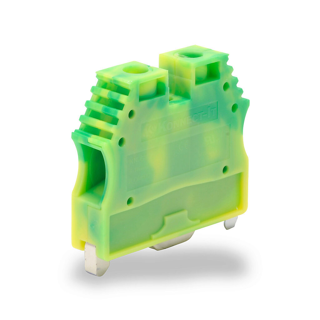 KN-G8 - Konnect-It screw grounding terminal block, single-level, accepts wire size 16-8 AWG, yellow/green, 35mm DIN rail mount. Package of 25.