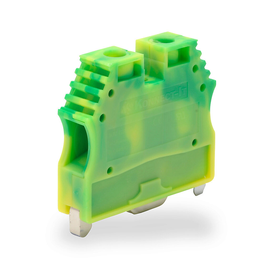 KN-G8-10 - Konnect-It screw grounding terminal block, single-level, accepts wire size 16-8 AWG, yellow/green, 35mm DIN rail mount. Package of 10.