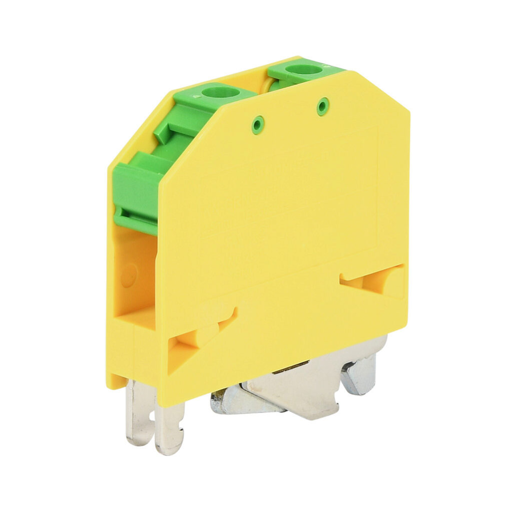 KN-GRNG2P5 - Konnect-It ring grounding terminal block, single-level, M3 stud, accepts wire size 26-14 AWG, yellow/green, 35mm DIN rail mount. Package of 20.
