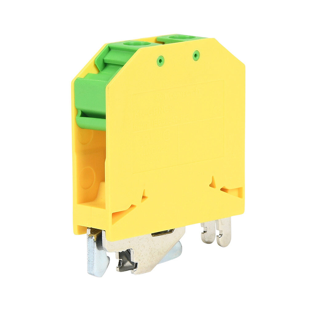 KN-GRNG6 - Konnect-It ring grounding terminal block, single-level, M4 stud, accepts wire size 22-8 AWG, yellow/green, 35mm DIN rail mount. Package of 40.
