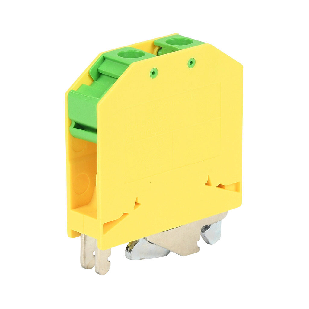 KN-GRNG6-20 - Konnect-It ring grounding terminal block, single-level, M4 stud, accepts wire size 22-8 AWG, yellow/green, 35mm DIN rail mount. Package of 20.