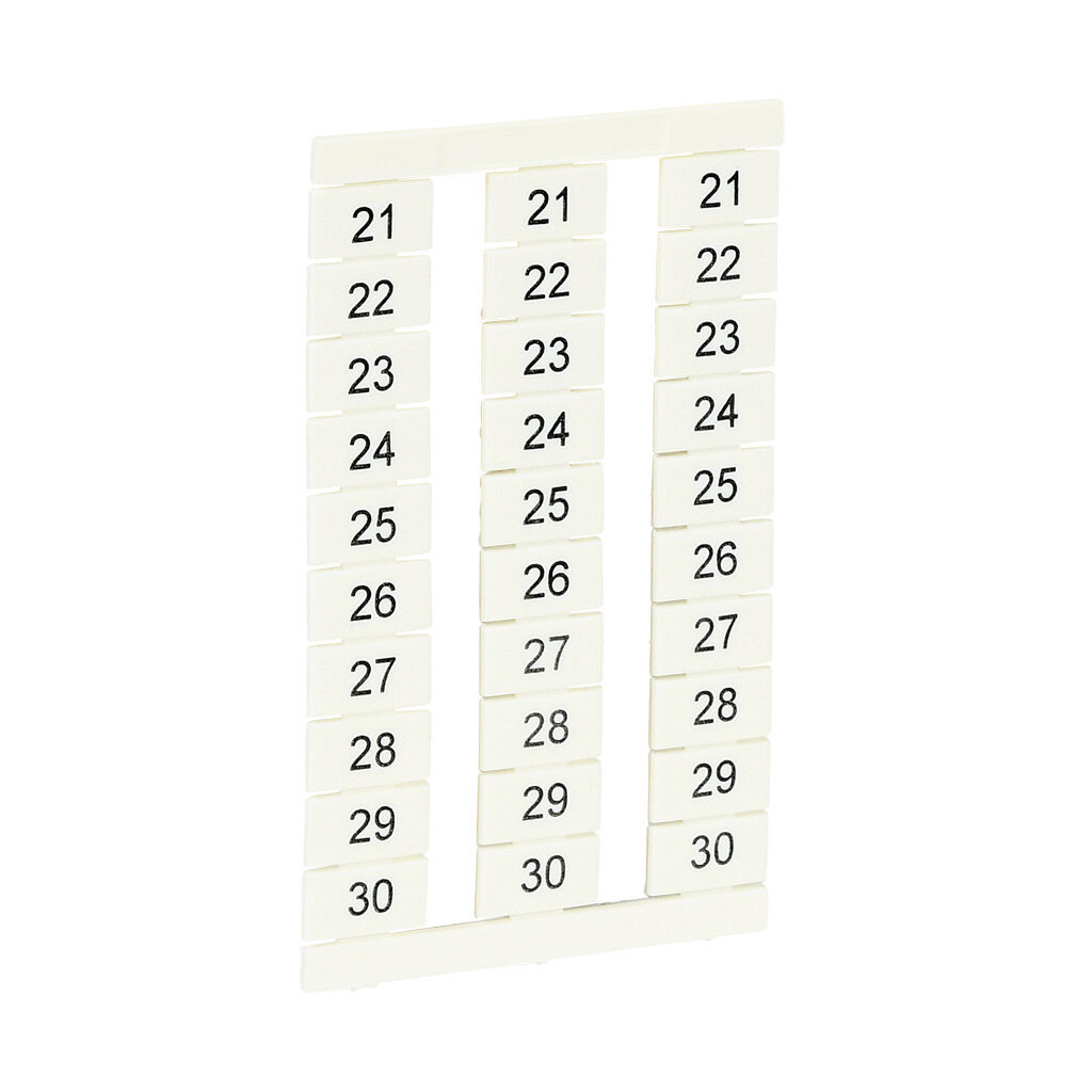 KN-L6P5-21-30-300 - Konnect-It marking tag, 6 x 11.5mm, numbered 21-30 (30 of each number). Package of 300. For use with Konnect-It terminal block 6.5mm or wider.