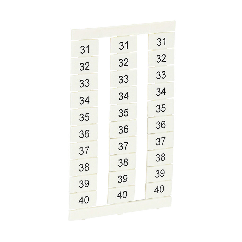 KN-L6P5-31-40-300 - Konnect-It marking tag, 6 x 11.5mm, numbered 31-40 (30 of each number). Package of 300. For use with Konnect-It terminal block 6.5mm or wider.