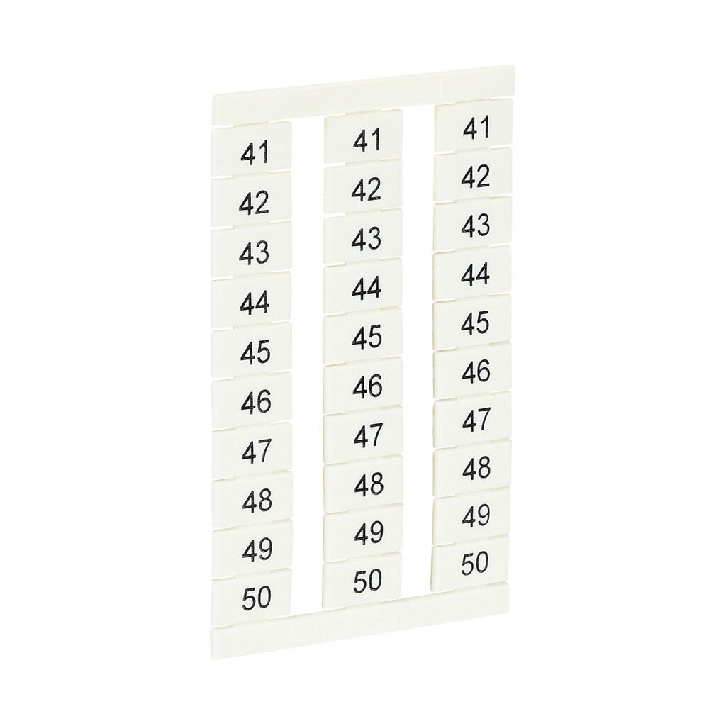 KN-L6P5-41-50-300 - Konnect-It marking tag, 6 x 11.5mm, numbered 41-50 (30 of each number). Package of 300. For use with Konnect-It terminal block 6.5mm or wider.