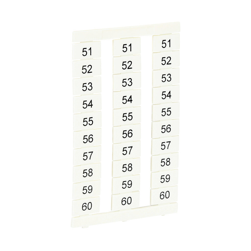 KN-L6P5-51-60-300 - Konnect-It marking tag, 6 x 11.5mm, numbered 51-60 (30 of each number). Package of 300. For use with Konnect-It terminal block 6.5mm or wider.