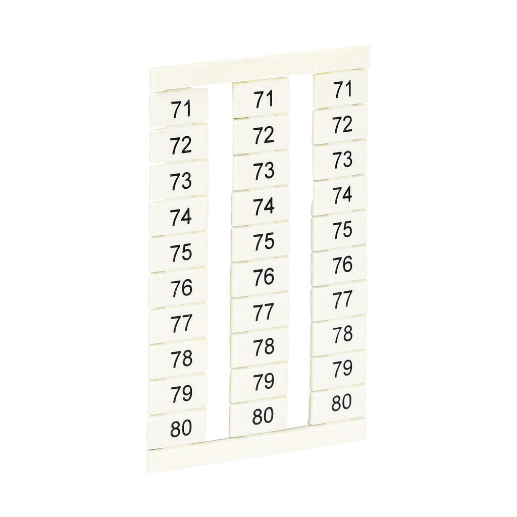 KN-L6P5-71-80-300 - Konnect-It marking tag, 6 x 11.5mm, numbered 71-80 (30 of each number). Package of 300. For use with Konnect-It terminal block 6.5mm or wider.