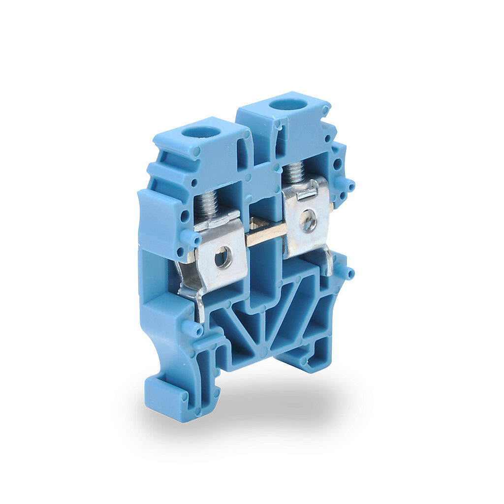 KN-M10BLU - Konnect-It screw mini single-level feedthrough terminal block, accepts wire size 26-10 AWG, blue, 30A, 15mm DIN rail mount, 100kA SCCR. Package of 100. For use with jumpers KN-2JM10, KN-3JM10, KN-4JM10 and KN-10JM10.
