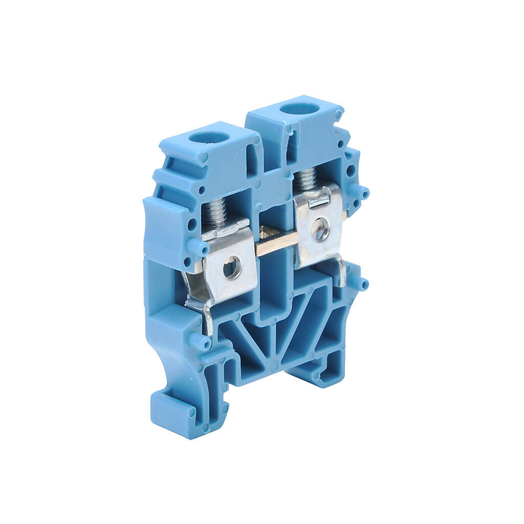 KN-M10BLU-25 - Konnect-It screw mini single-level feedthrough terminal block, accepts wire size 26-10 AWG, blue, 30A, 15mm DIN rail mount, 100kA SCCR. Package of 25. For use with jumpers KN-2JM10, KN-3JM10, KN-4JM10 and KN-10JM10.