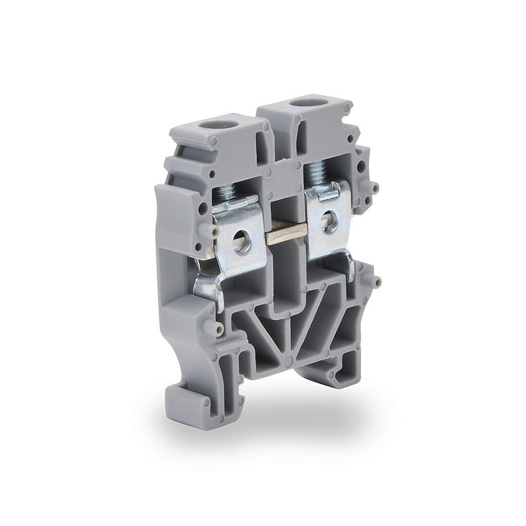 KN-M10GRY - Konnect-It screw mini single-level feedthrough terminal block, accepts wire size 26-10 AWG, gray, 30A, 15mm DIN rail mount, 100kA SCCR. Package of 100. For use with jumpers KN-2JM10, KN-3JM10, KN-4JM10 and KN-10JM10.