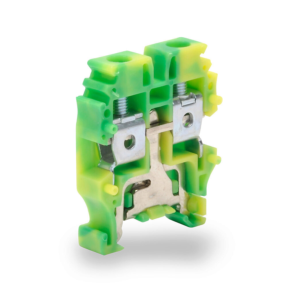 KN-MG10 - Konnect-It screw mini grounding terminal block, single-level, accepts wire size 26-10 AWG, yellow/green, 15mm DIN rail mount. Package of 50.