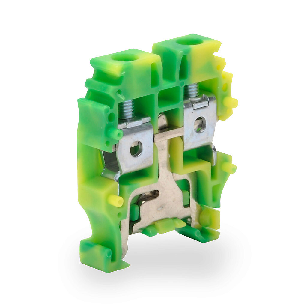 KN-MG10-10 - Konnect-It screw mini grounding terminal block, single-level, accepts wire size 26-10 AWG, yellow/green, 15mm DIN rail mount. Package of 10.