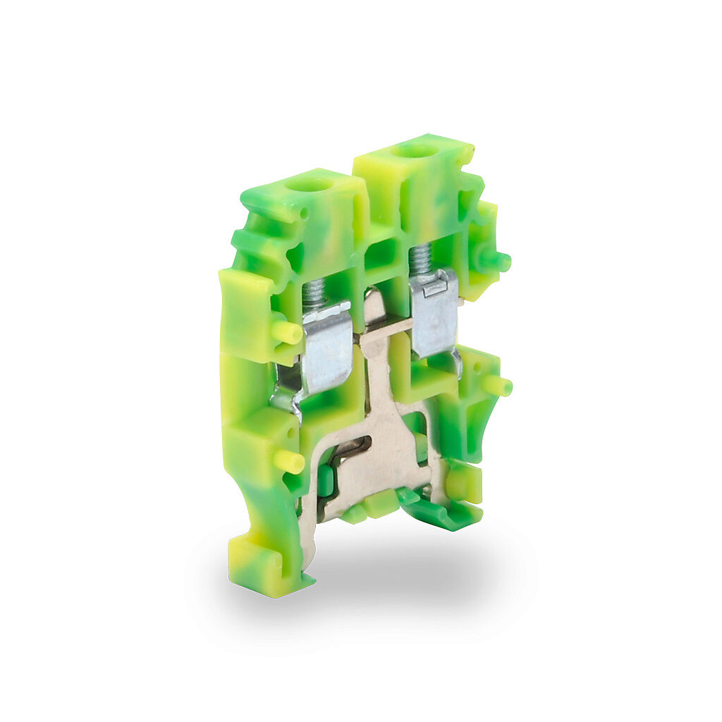 KN-MG12 - Konnect-It screw mini grounding terminal block, single-level, accepts wire size 26-12 AWG, yellow/green, 15mm DIN rail mount. Package of 50.