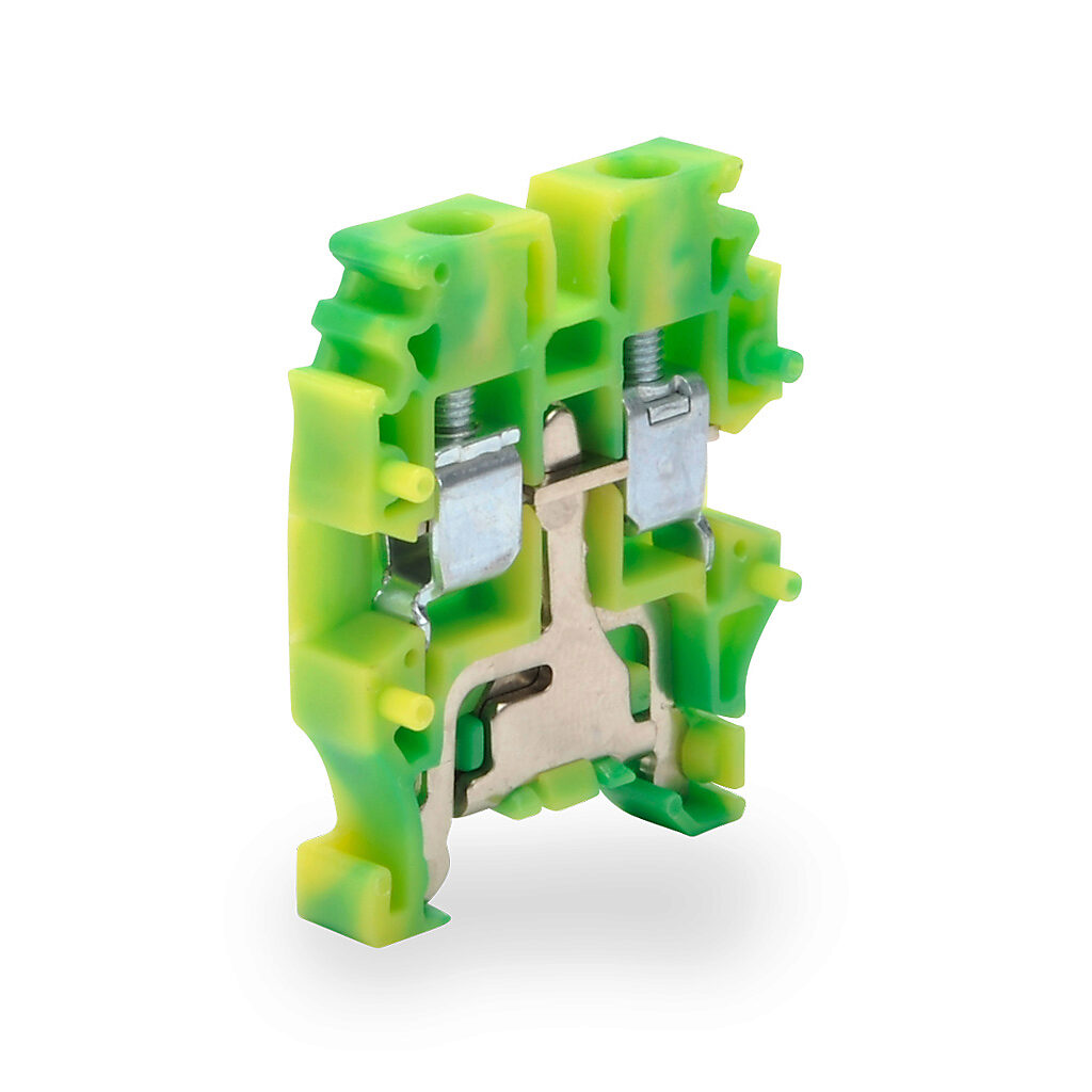 KN-MG12-10 - Konnect-It screw mini grounding terminal block, single-level, accepts wire size 26-12 AWG, yellow/green, 15mm DIN rail mount. Package of 10.