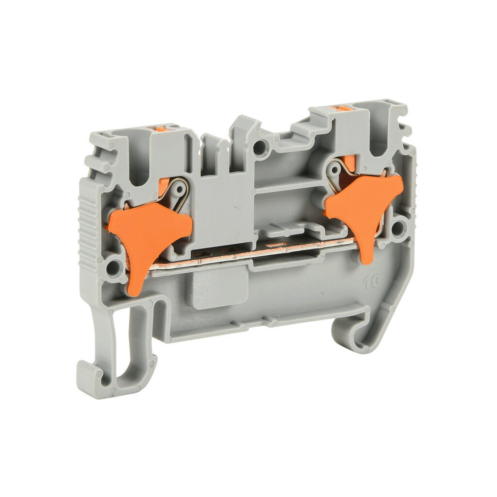 KN-P25 - Konnect-It screwless feedthrough terminal block, single-level, accepts wire size 28-12 AWG, gray, 20A, 600 VAC/VDC, 35mm DIN rail mount. Package of 100.