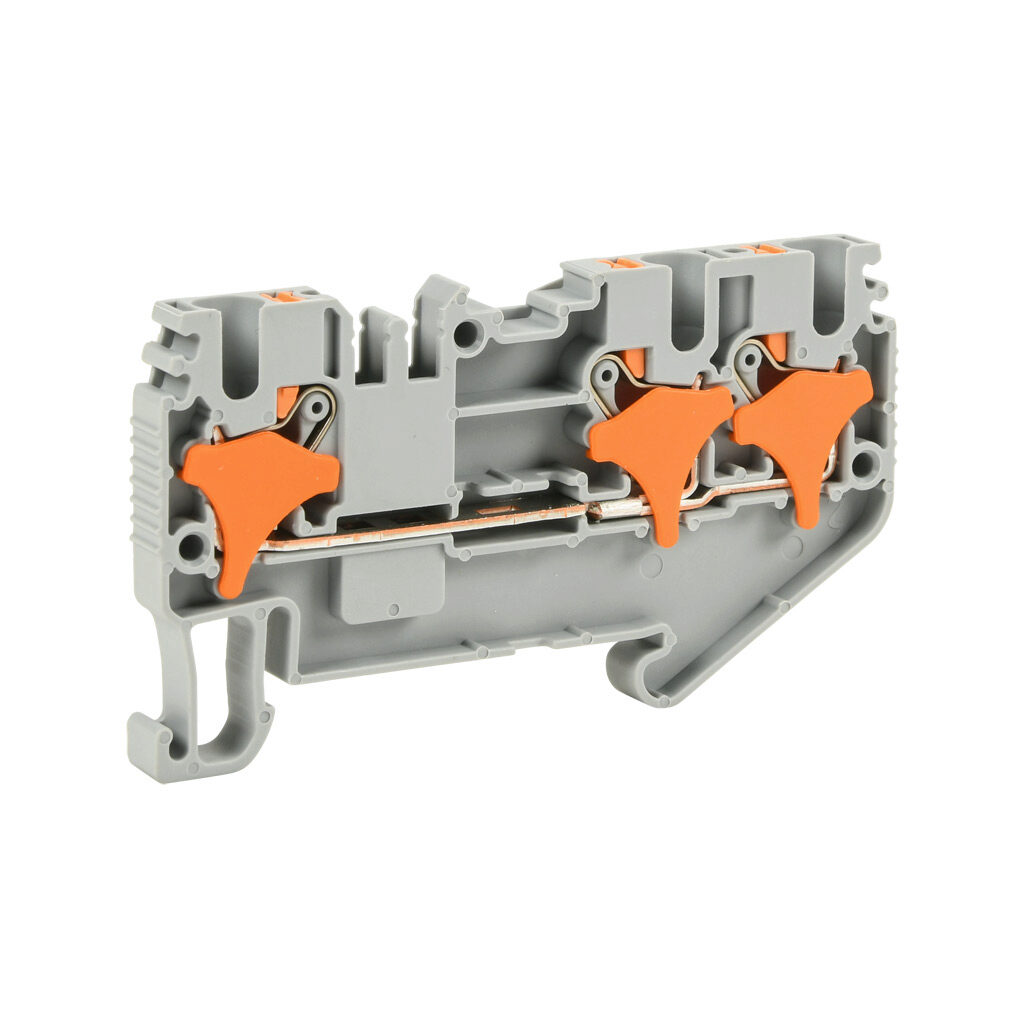 KN-P25-1-2-25 - Konnect-It screwless feedthrough terminal block, single-level, 2 inputs to 1 output, accepts wire size 28-12 AWG, gray, 20A, 600 VAC/VDC, 35mm DIN rail mount. Package of 25.