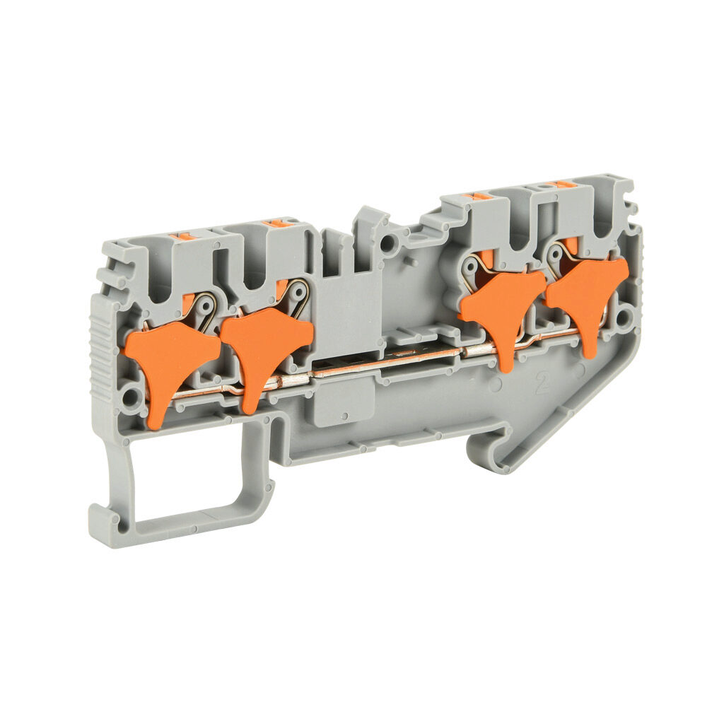 KN-P25-2-2 - Konnect-It screwless common point feedthrough terminal block, single-level, 2 inputs to 2 outputs, accepts wire size 28-12 AWG, gray, 20A, 600 VAC/VDC, 35mm DIN rail mount. Package of 50.