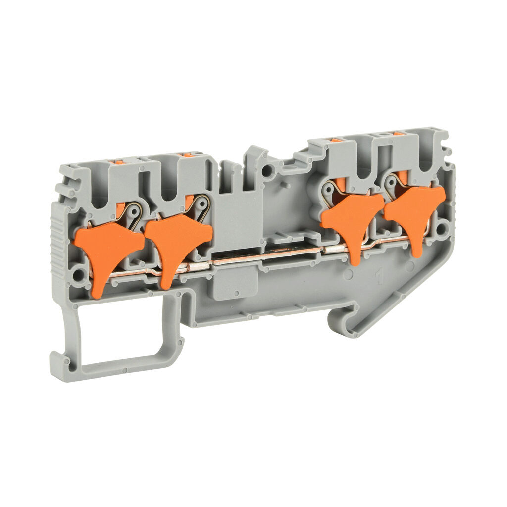 KN-P25-2-2-25 - Konnect-It screwless common point feedthrough terminal block, single-level, 2 inputs to 2 outputs, accepts wire size 28-12 AWG, gray, 20A, 600 VAC/VDC, 35mm DIN rail mount. Package of 25.