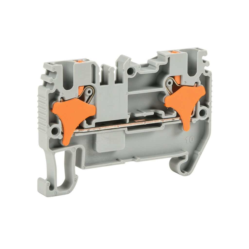 KN-P25-25 - Konnect-It screwless feedthrough terminal block, single-level, accepts wire size 28-12 AWG, gray, 20A, 600 VAC/VDC, 35mm DIN rail mount. Package of 25.