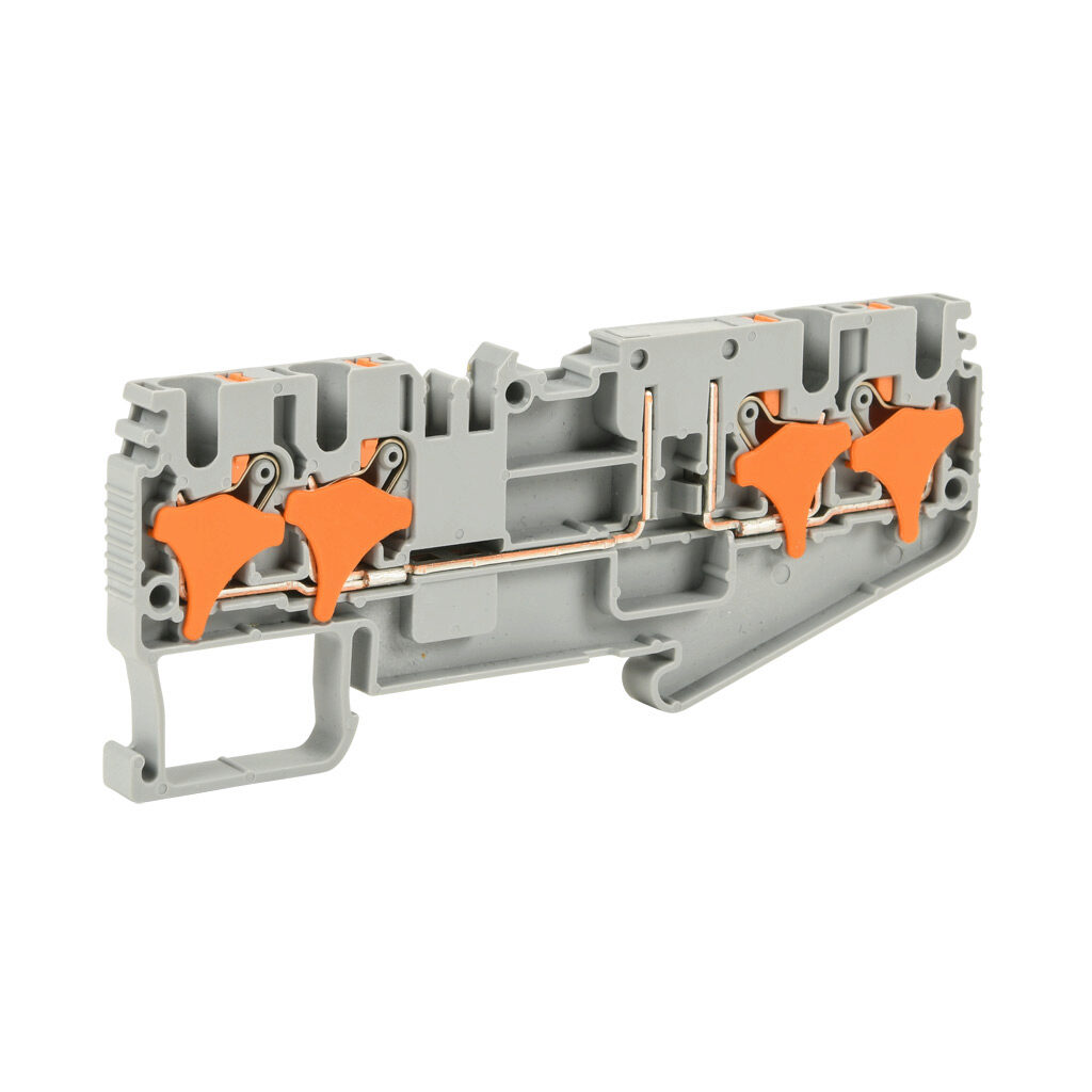 KN-P25C-2-2 - Konnect-It screwless common point feedthrough terminal block, single-level, 2 inputs to 2 outputs bridged with disconnect, accepts wire size 28-12 AWG, gray, 20A, 300 VAC/VDC, 35mm DIN rail mount. Package of 50.