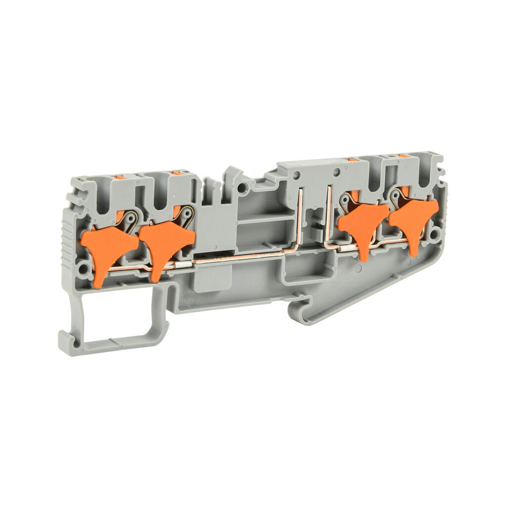 KN-P25C-2-2-25 - Konnect-It screwless common point feedthrough terminal block, single-level, 2 inputs to 2 outputs bridged with disconnect, accepts wire size 28-12 AWG, gray, 20A, 300 VAC/VDC, 35mm DIN rail mount. Package of 25.