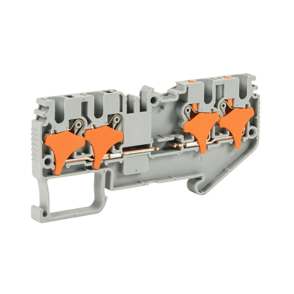 KN-P25C-2-2NC - Konnect-It screwless common point feedthrough terminal block, single-level, 2 inputs to 2 outputs with no connection, accepts wire size 28-12 AWG, gray, 20A, 300 VAC/VDC, 35mm DIN rail mount. Package of 50.