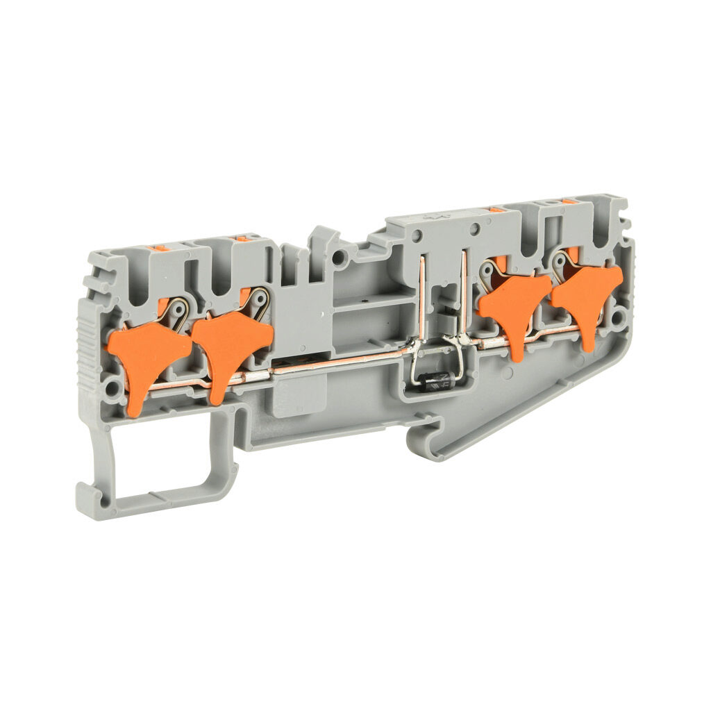 KN-P25CDA-2-2 - Konnect-It screwless common point feedthrough terminal block, single-level, 2 inputs to 2 outputs bridged with diode, cathode on input, accepts wire size 28-12 AWG, gray, 1A, 300 VAC/VDC, 35mm DIN rail mount. Package of 50.