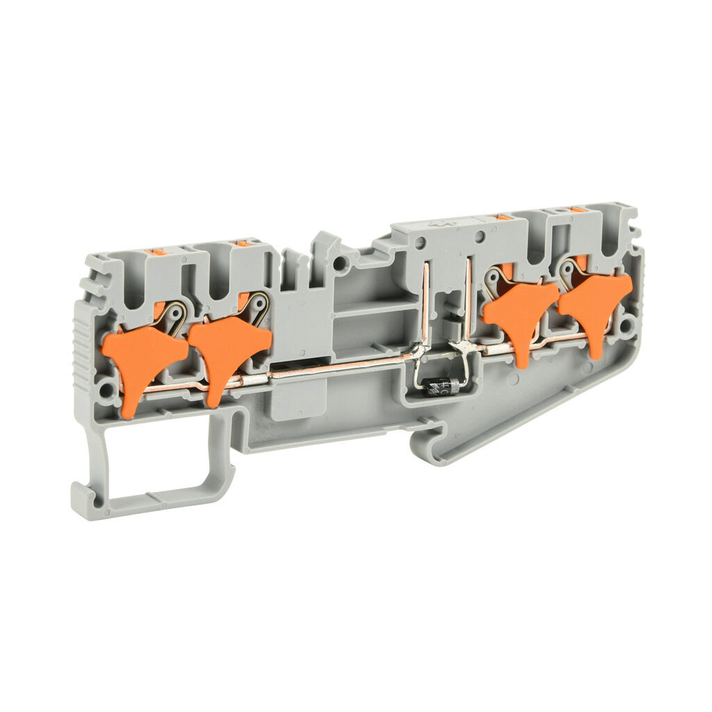 KN-P25CDA-2-2-25 - Konnect-It screwless common point feedthrough terminal block, single-level, 2 inputs to 2 outputs bridged with diode, cathode on input, accepts wire size 28-12 AWG, gray, 1A, 300 VAC/VDC, 35mm DIN rail mount. Package of 25.