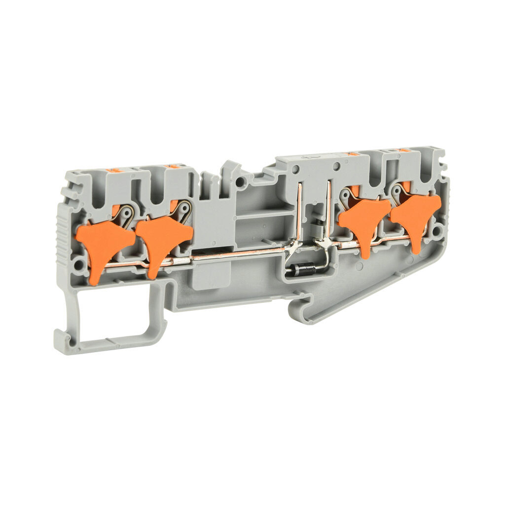 KN-P25CDB-2-2-25 - Konnect-It screwless common point feedthrough terminal block, single-level, 2 inputs to 2 outputs bridged with diode, cathode on output, accepts wire size 28-12 AWG, gray, 1A, 300 VAC/VDC, 35mm DIN rail mount. Package of 25.