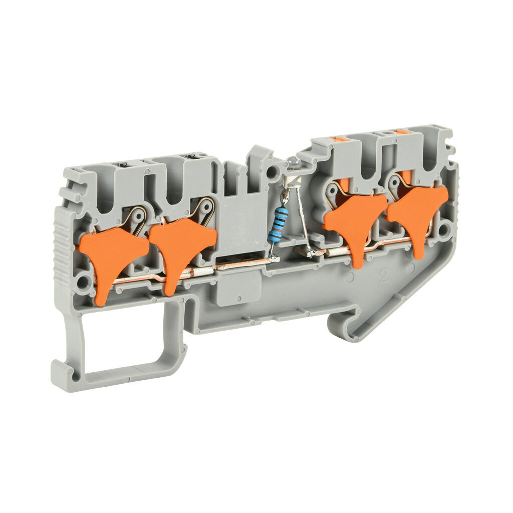 KN-P25CLD110 - Konnect-It screwless common point feedthrough terminal block, single-level, 2 inputs to 2 outputs bridged with power indicator, accepts wire size 28-12 AWG, gray, 20A, 110 VAC/VDC, LED indicator(s), 35mm DIN rail mount. Package of 50.