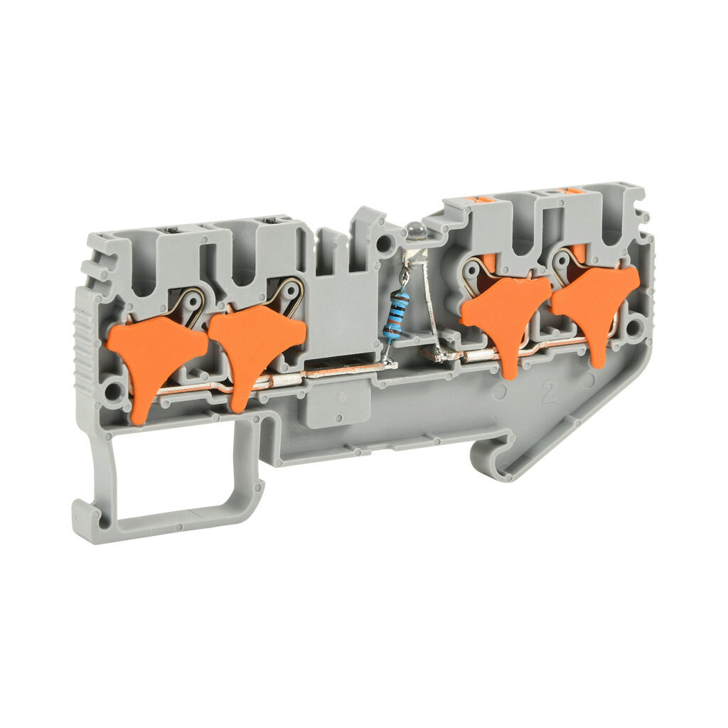 KN-P25CLD110-25 - Konnect-It screwless common point feedthrough terminal block, single-level, 2 inputs to 2 outputs bridged with power indicator, accepts wire size 28-12 AWG, gray, 20A, 110 VAC/VDC, LED indicator(s), 35mm DIN rail mount. Package o...