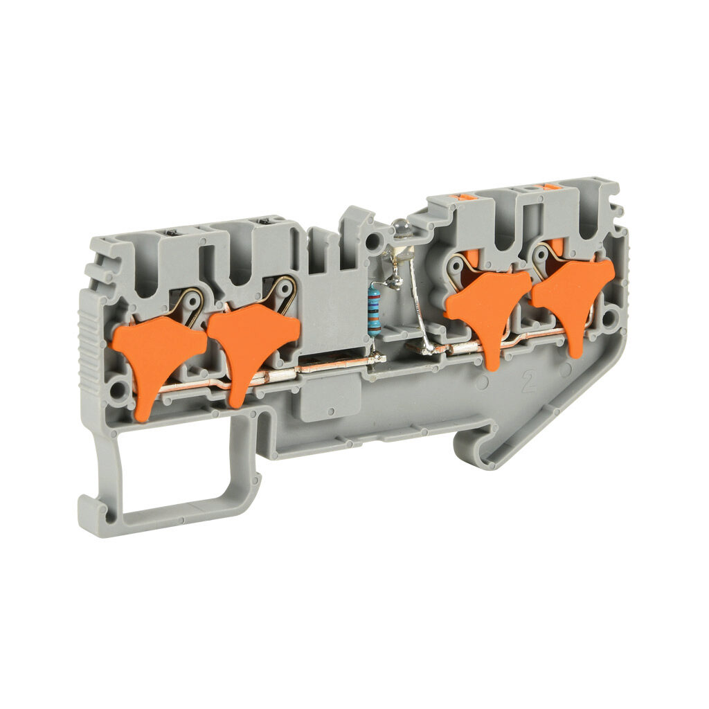 KN-P25CLD220 - Konnect-It screwless common point feedthrough terminal block, single-level, 2 inputs to 2 outputs bridged with power indicator, accepts wire size 28-12 AWG, gray, 20A, 220 VAC/VDC, LED indicator(s), 35mm DIN rail mount. Package of 50.