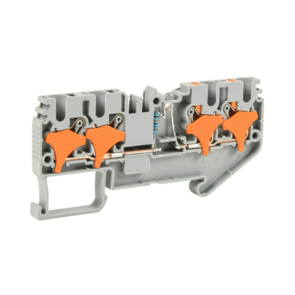 KN-P25CLD220-25 - Konnect-It screwless common point feedthrough terminal block, single-level, 2 inputs to 2 outputs bridged with power indicator, accepts wire size 28-12 AWG, gray, 20A, 220 VAC/VDC, LED indicator(s), 35mm DIN rail mount. Package o...