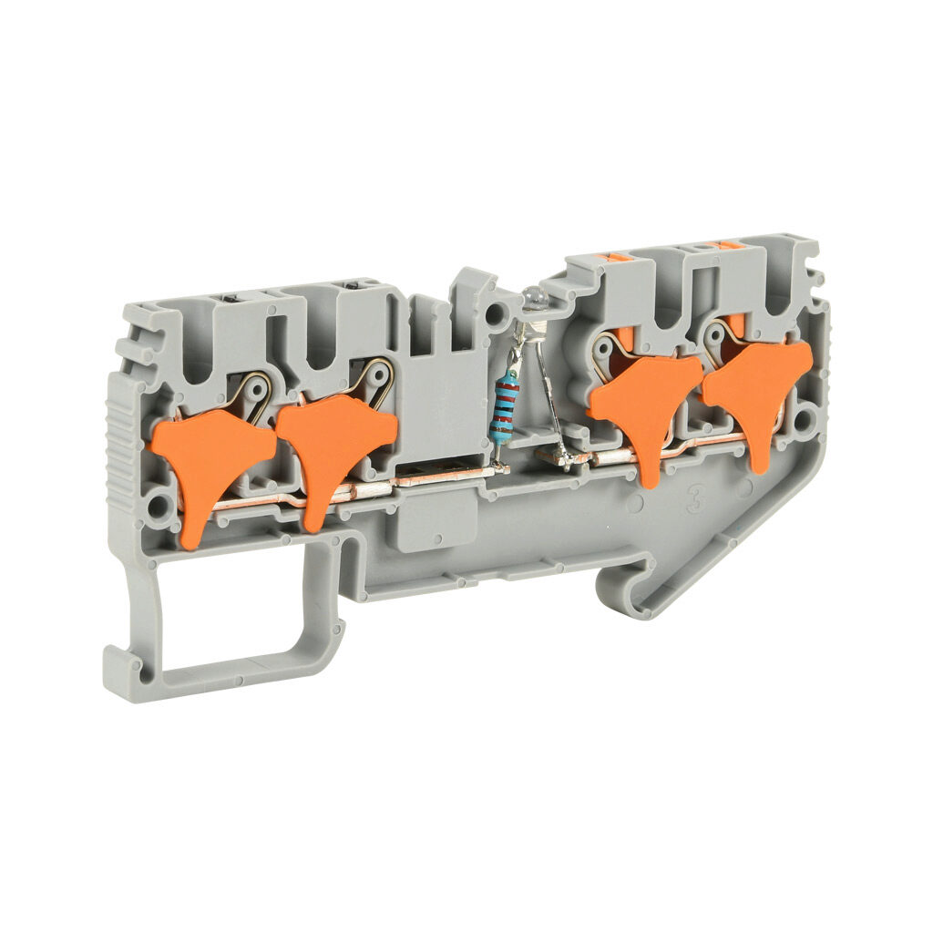 KN-P25CLD24 - Konnect-It screwless common point feedthrough terminal block, single-level, 2 inputs to 2 outputs bridged with power indicator, accepts wire size 28-12 AWG, gray, 20A, 24 VAC/VDC, LED indicator(s), 35mm DIN rail mount. Package of 50.