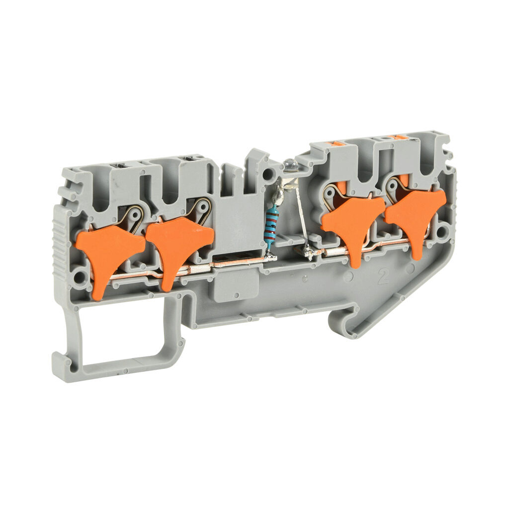 KN-P25CLD24-25 - Konnect-It screwless common point feedthrough terminal block, single-level, 2 inputs to 2 outputs bridged with power indicator, accepts wire size 28-12 AWG, gray, 20A, 24 VAC/VDC, LED indicator(s), 35mm DIN rail mount. Package of 25.