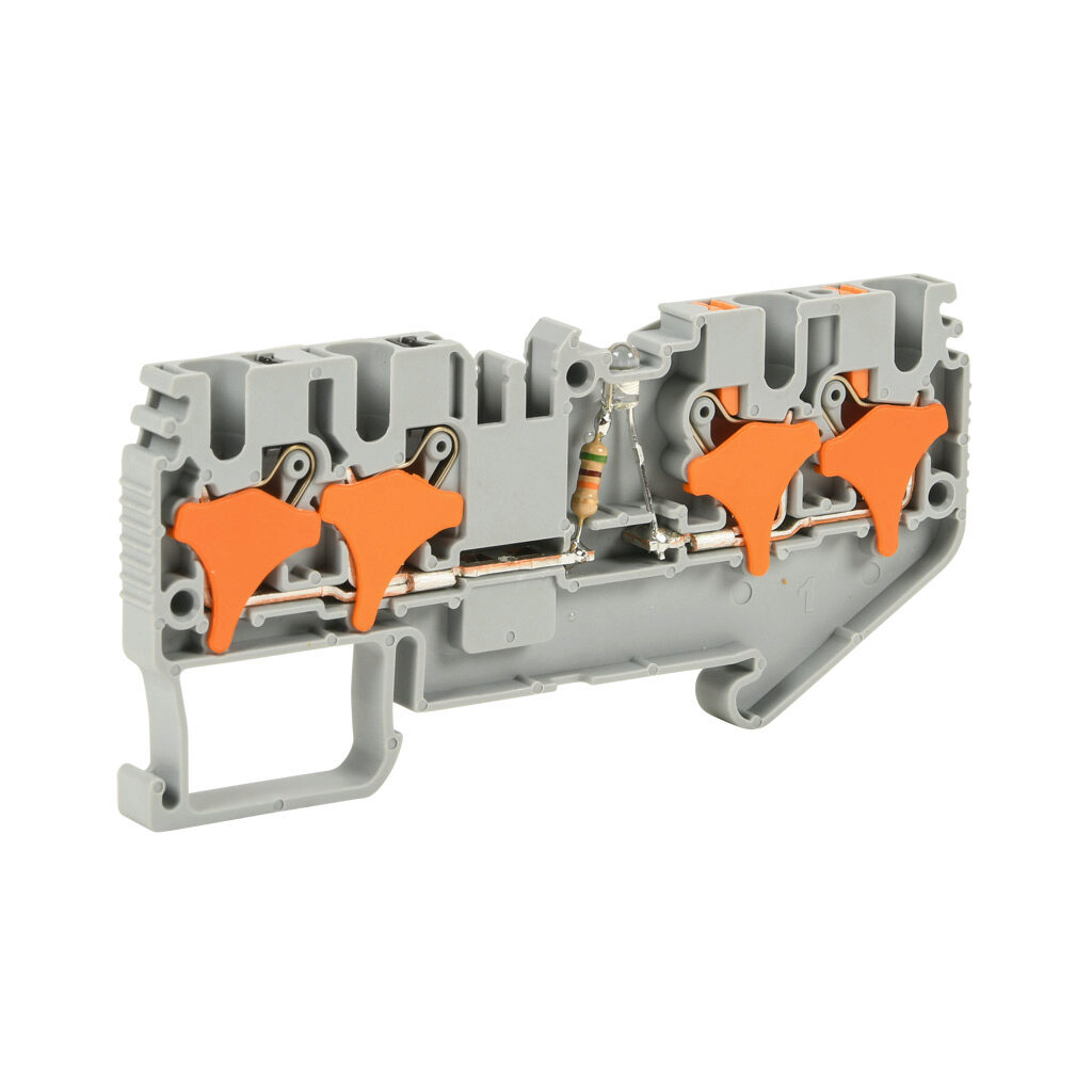 KN-P25CLD48 - Konnect-It screwless common point feedthrough terminal block, single-level, 2 inputs to 2 outputs bridged with power indicator, accepts wire size 28-12 AWG, gray, 20A, 48 VAC/VDC, LED indicator(s), 35mm DIN rail mount. Package of 50.